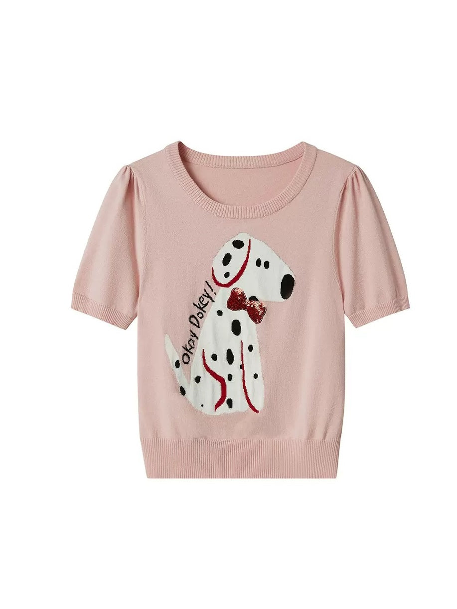 Round Neck Short-sleeved Spotted Dog Knitted Top