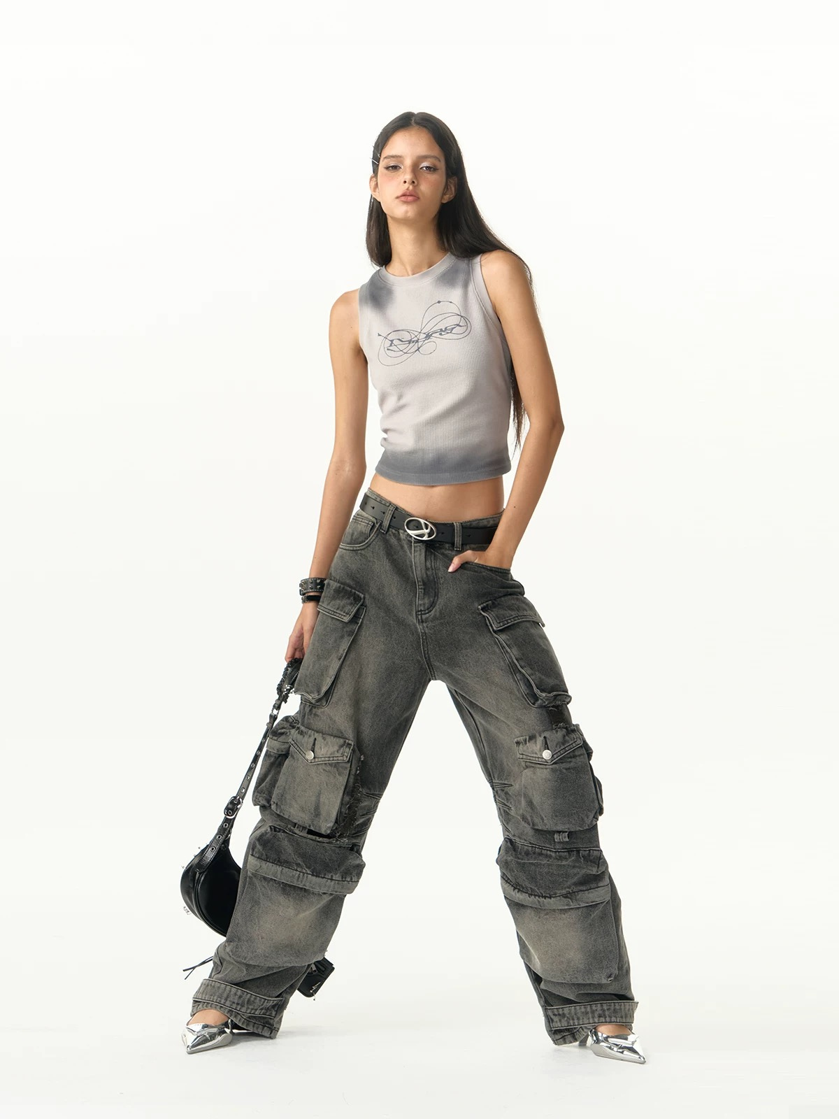 Multi-Pocket Distressed Heavy-Washed Cargo Jeans