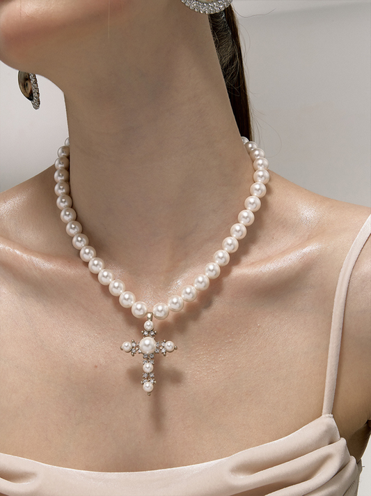 Vintage Baroque Pearl Cross Necklace/Sweater Chain