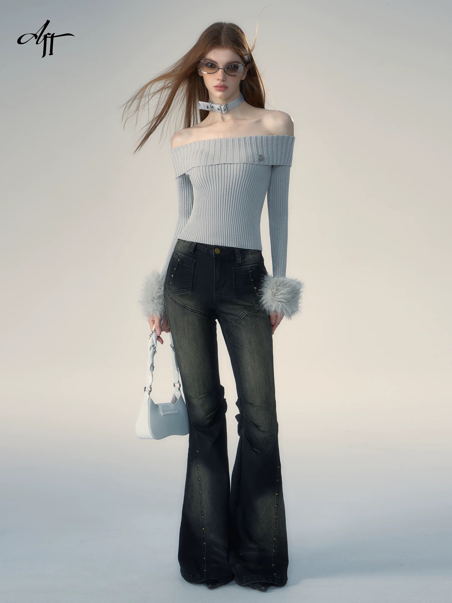 Off-Shoulder Sexy Slim Fit Knit Sweater Top with Detachable Sleeves