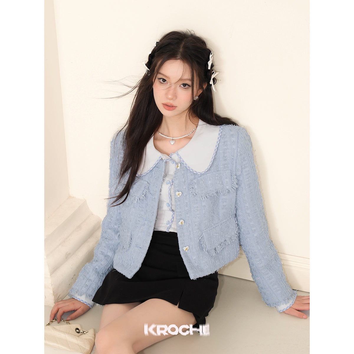 Kroche Tassel Heart Button Tweed Jacket Blue