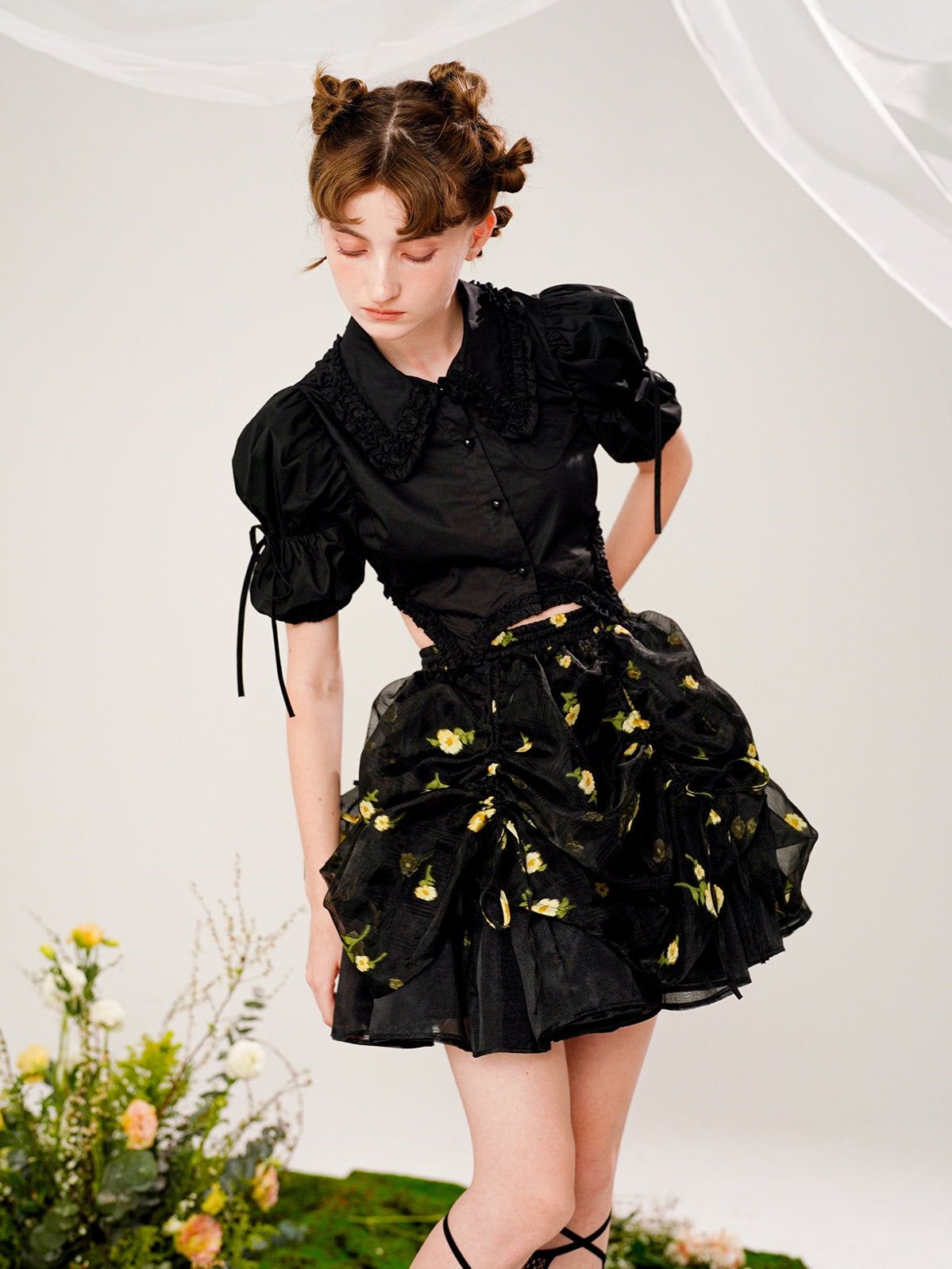 Tutu Floral Drawstring Irregular Puff Skirt