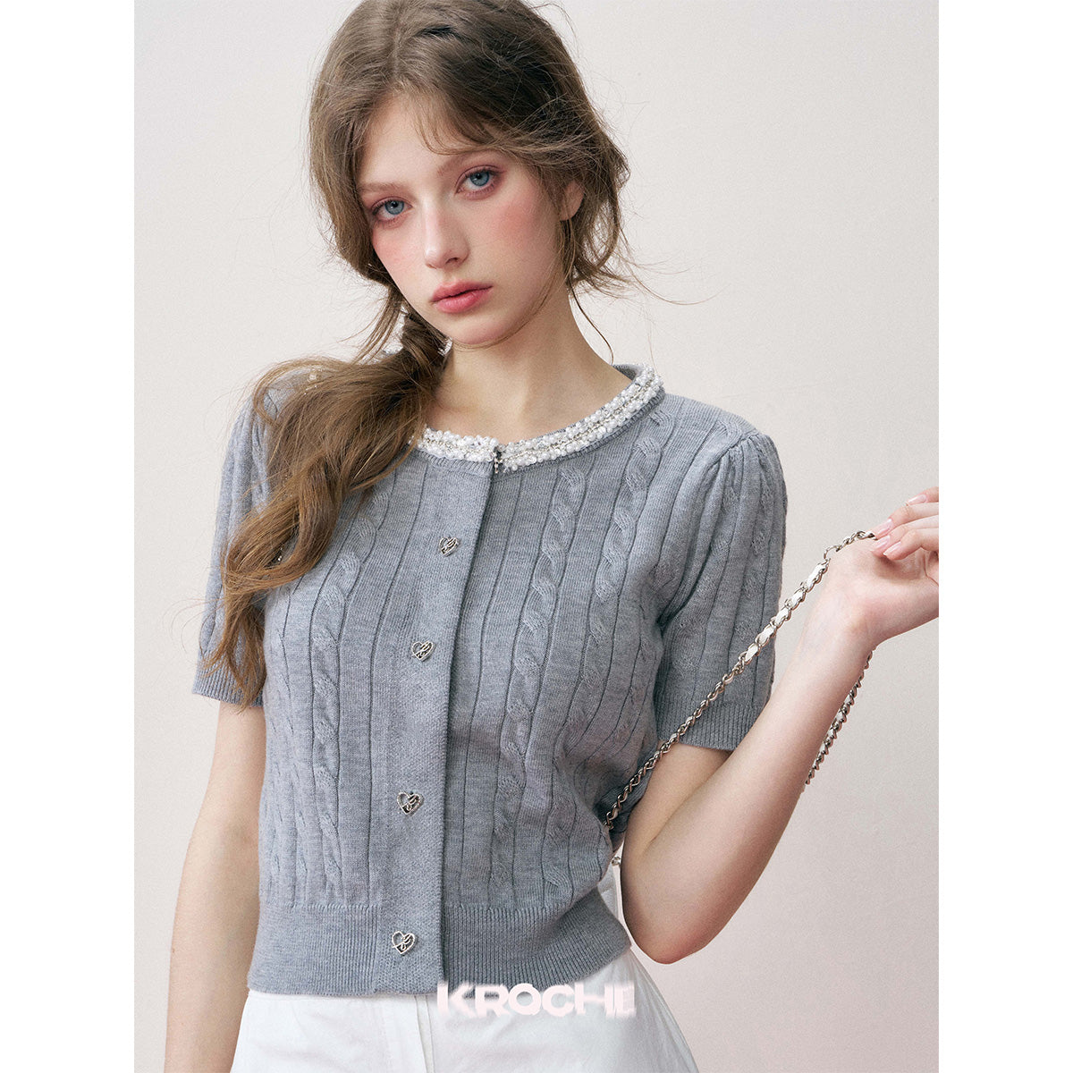 Kroche Pearl Collar Woolen Short Sleeved Cardigan Grey