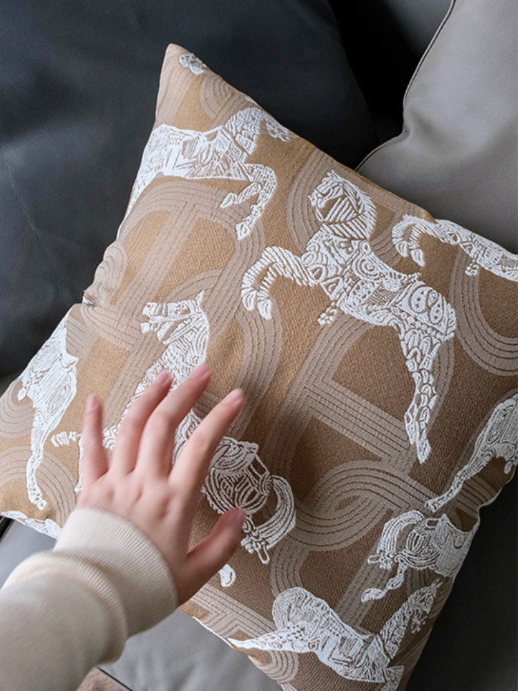 Royal Horse Embroidered Cushion in Wheat Hue