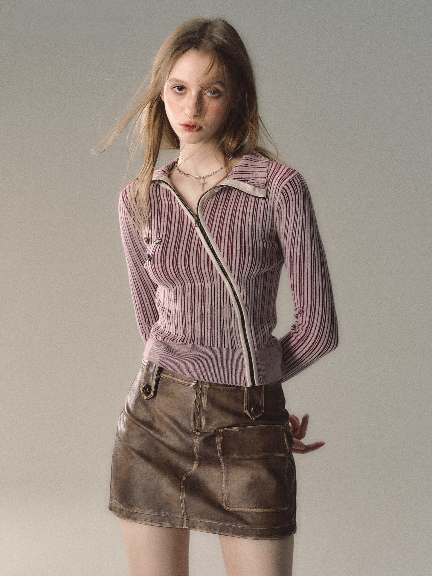 Mocha & Red Zipper Striped Turtleneck