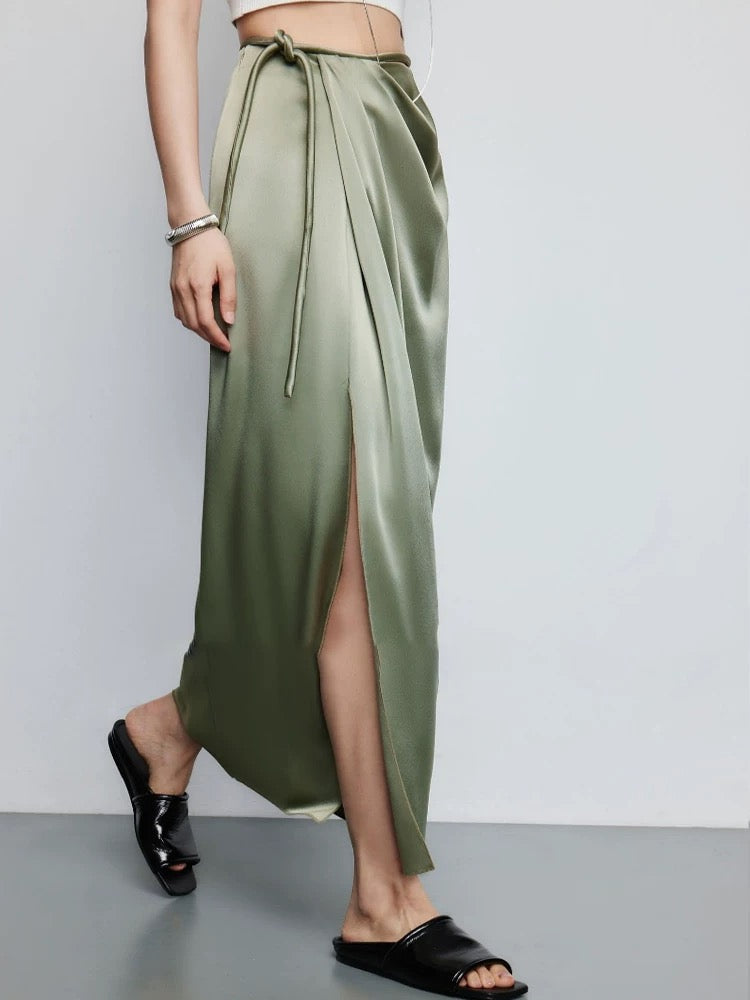 Satin Wrap Slit Maxi Skirt in Brown