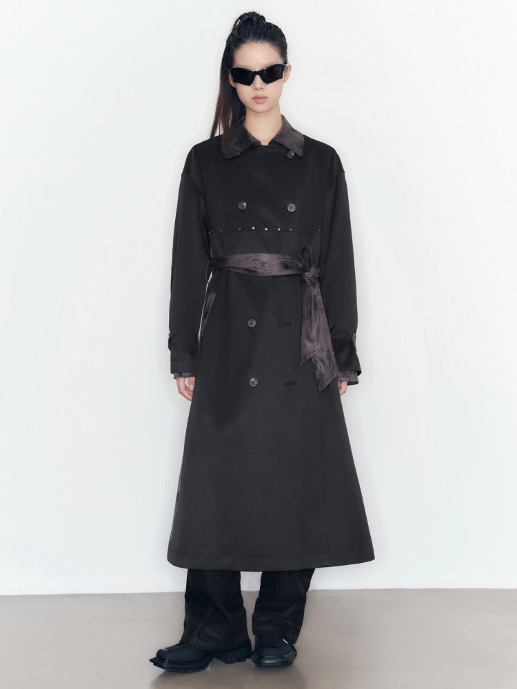 Ribbon Long Flare Speckled Trench-Coat