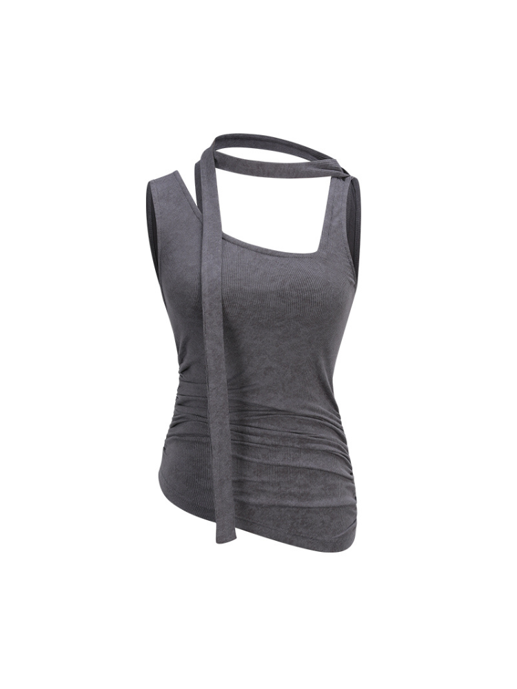 Asymmetrical Neck Ruched Tie Waist Tank Top