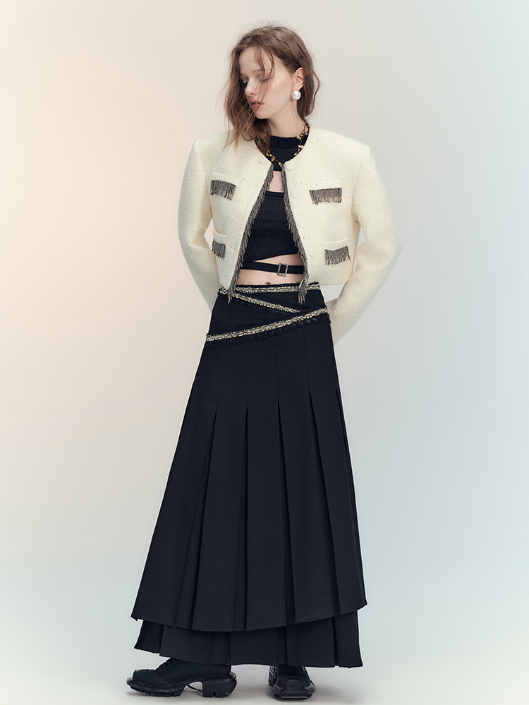 Suit Tassel Wool No-Collar Chic Classy Jacket＆Mini-Skirt