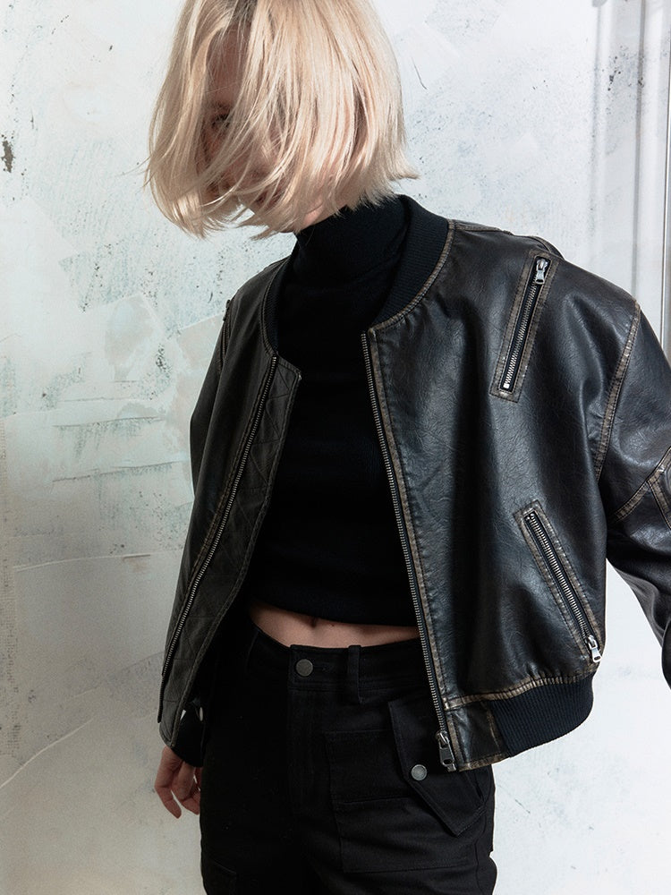 Vintage Leather No-Collar Jacket