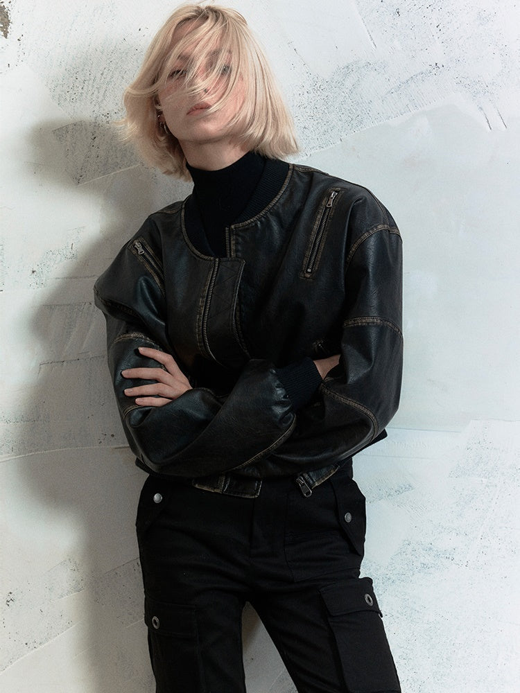 Vintage Leather No-Collar Jacket