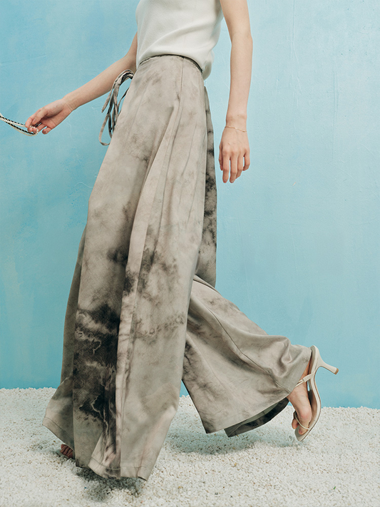 Ink Patchwork Wide-Leg Pants with Tie