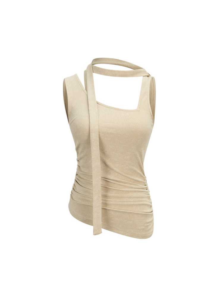 Asymmetrical Neck Ruched Tie Waist Tank Top