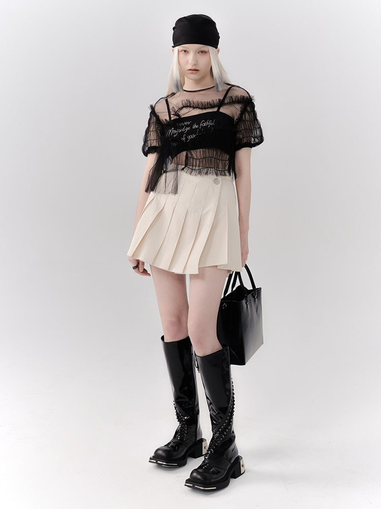 See-through Gather Lace Mesh Blouse