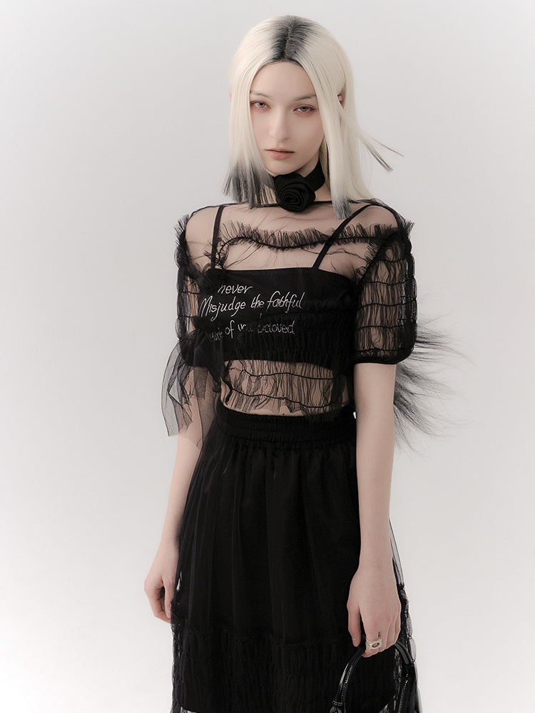 See-through Gather Lace Mesh Blouse