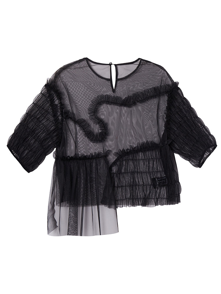 See-through Gather Lace Mesh Blouse