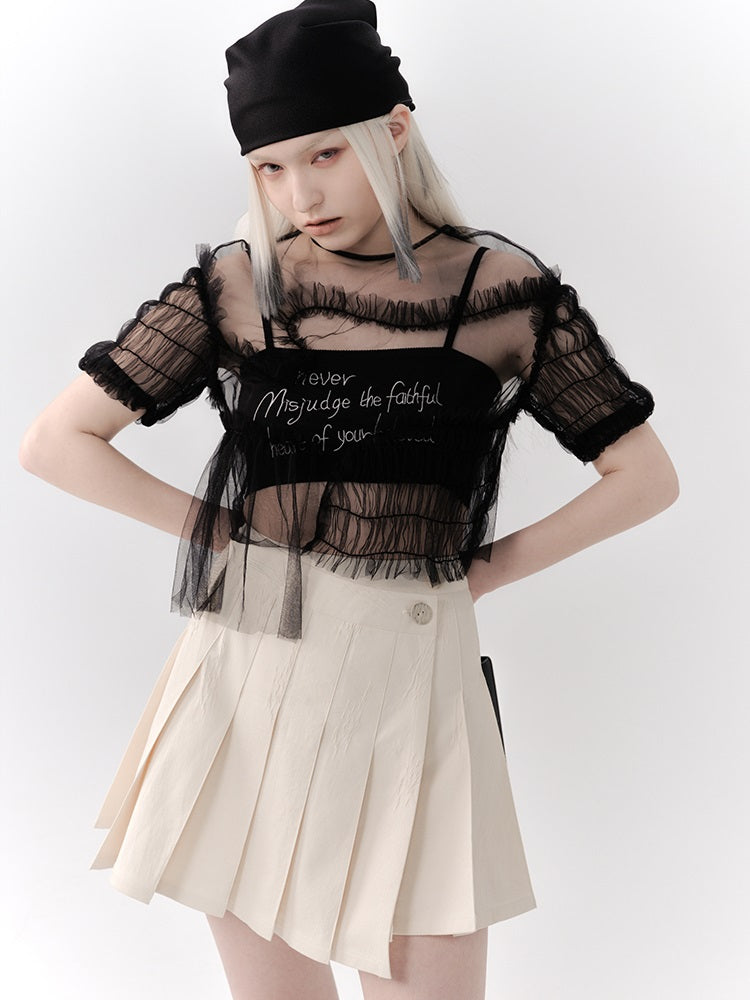 See-through Gather Lace Mesh Blouse