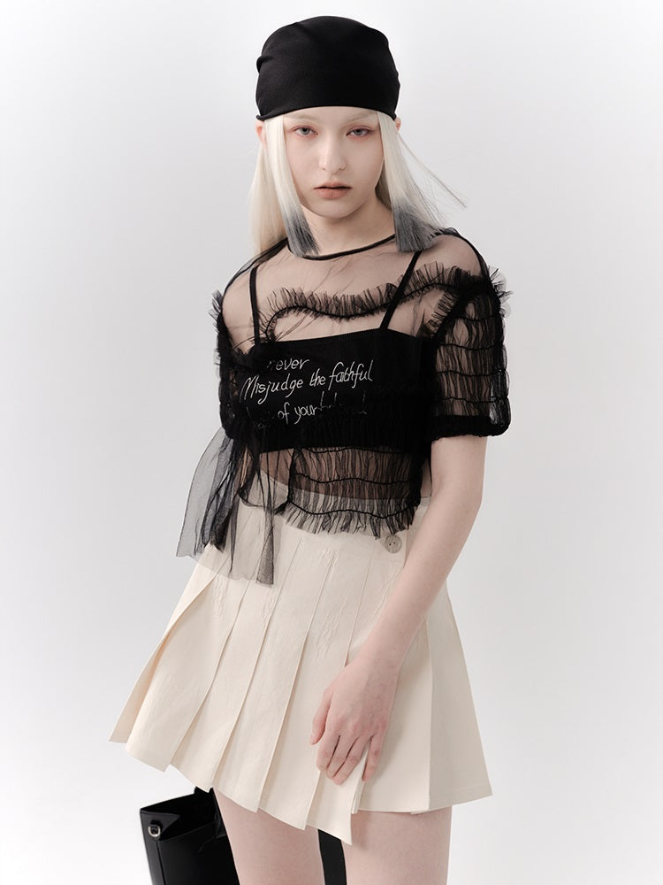 See-through Gather Lace Mesh Blouse