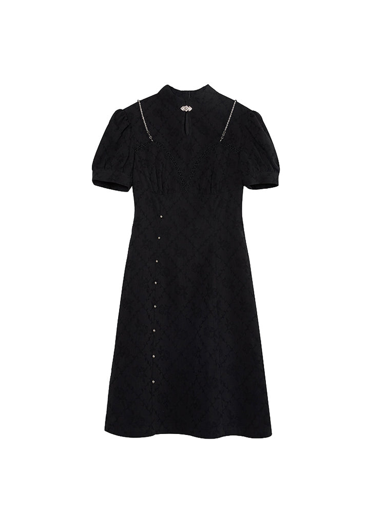 레이스 쇼트 틈새 퍼프 슬리브 원피스 