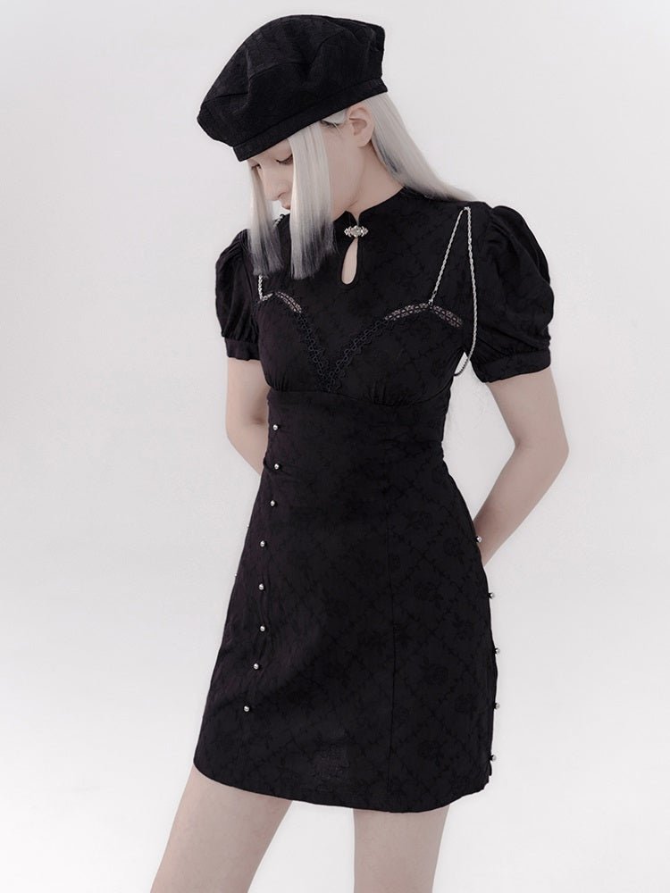 레이스 쇼트 틈새 퍼프 슬리브 원피스 