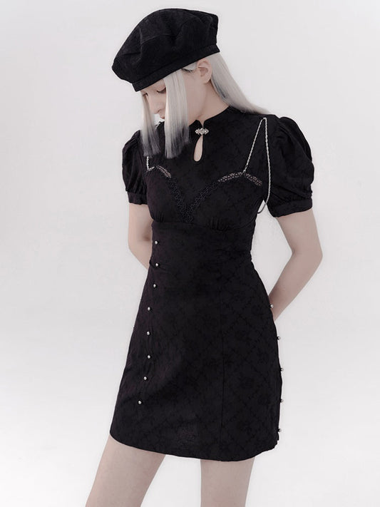 레이스 쇼트 틈새 퍼프 슬리브 원피스 