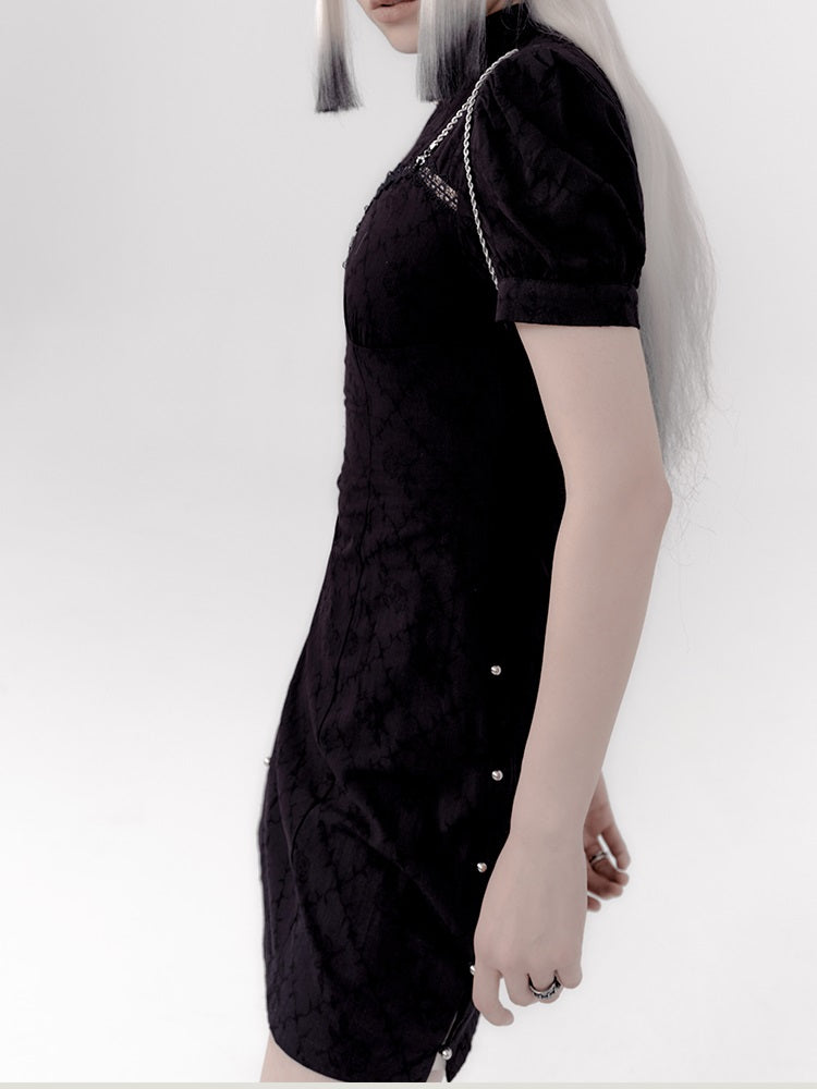 레이스 쇼트 틈새 퍼프 슬리브 원피스 