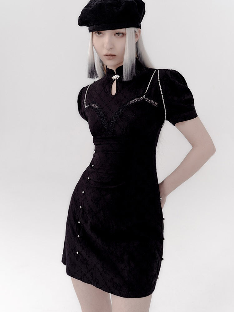 레이스 쇼트 틈새 퍼프 슬리브 원피스 