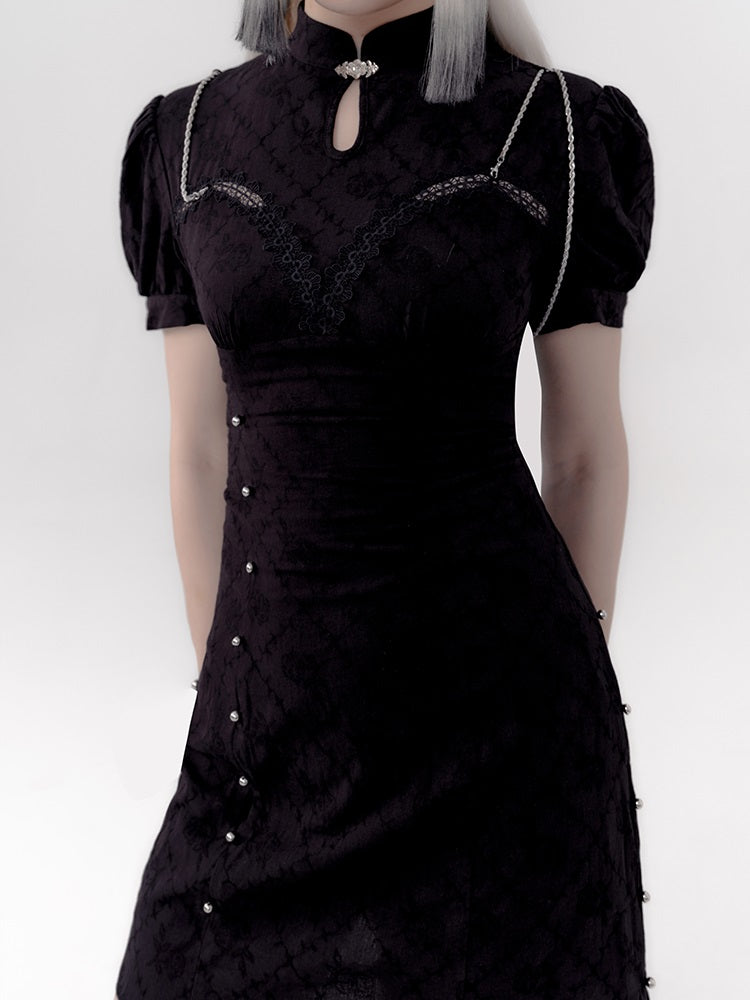 레이스 쇼트 틈새 퍼프 슬리브 원피스 