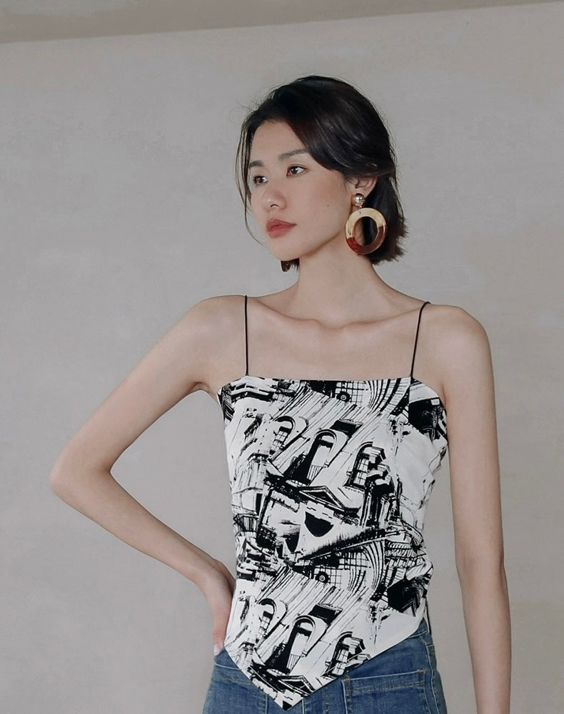 Printed Scarf Tie Camisole Top in White/Black