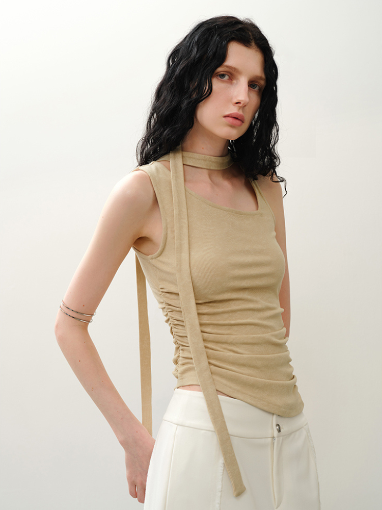 Asymmetrical Neck Ruched Tie Waist Tank Top