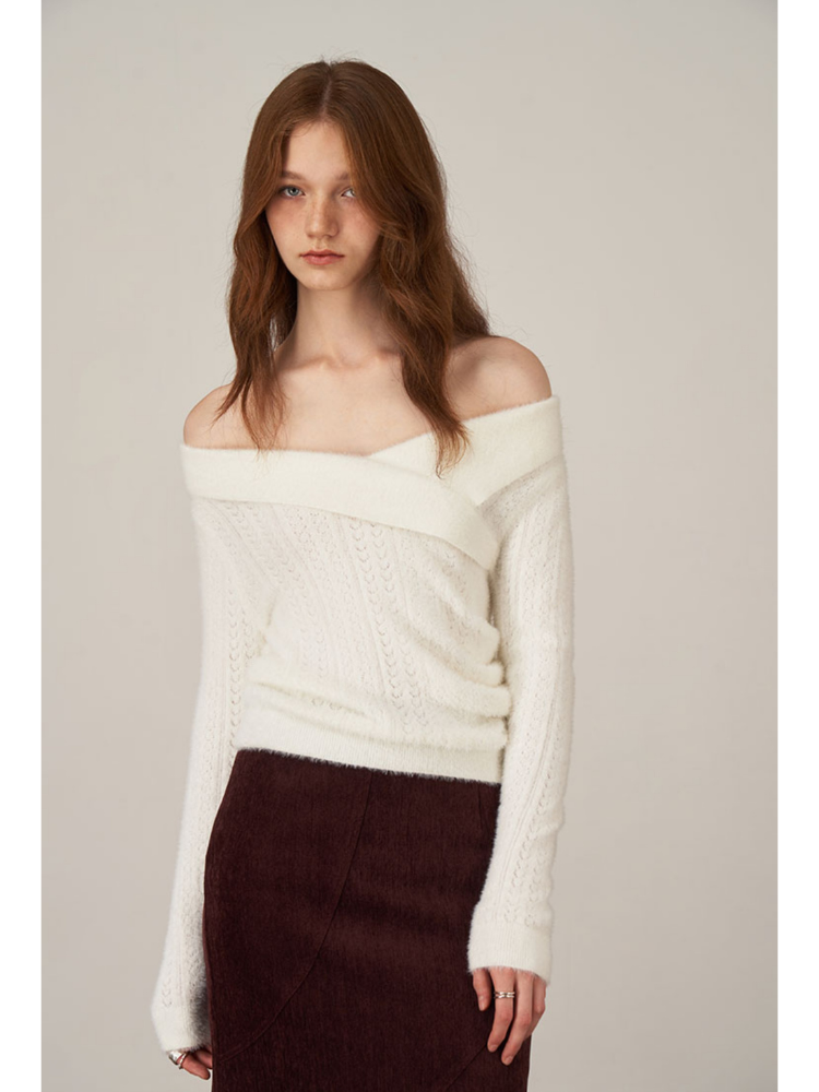 Off-Shoulder Creamy Knit Sweater