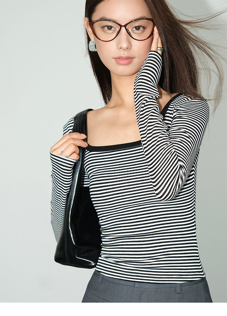 Neva Square Neck Striped Long Sleeve T-Shirt