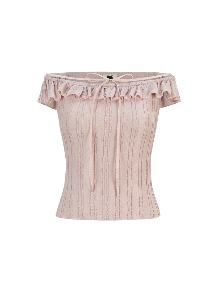 Pink Jacquard Lace Off-Shoulder Tie Top