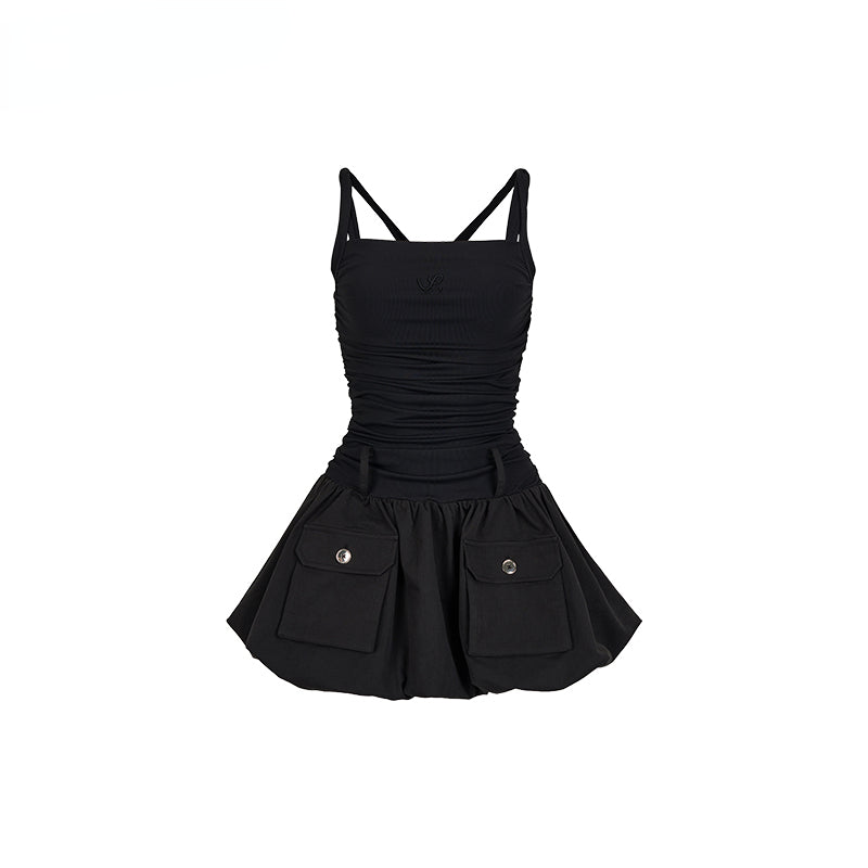 Black Patchwork Puff Sleeveless Dress