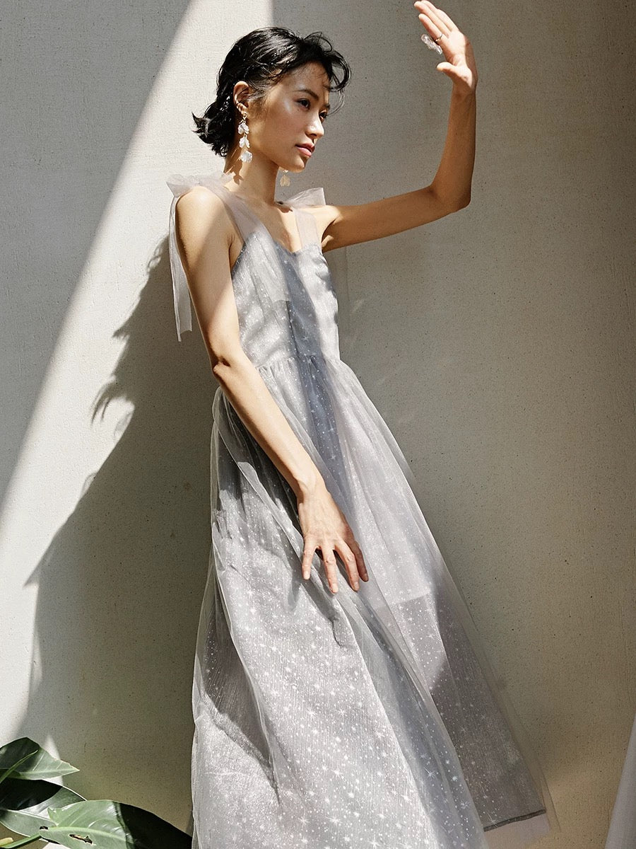 Tulle Ribbon Tie Midi Dress in Grey