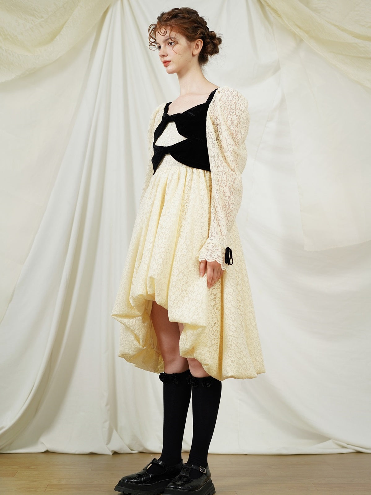 레이스 퍼프슬리브 벌룬플라워 원피스 