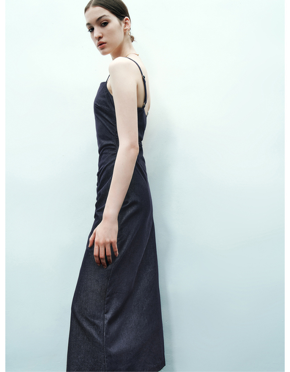 Ruched Midi Denim Dress