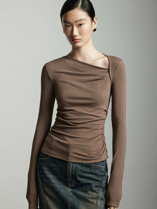 Asymmetric Side Shirring Long Top in Brown