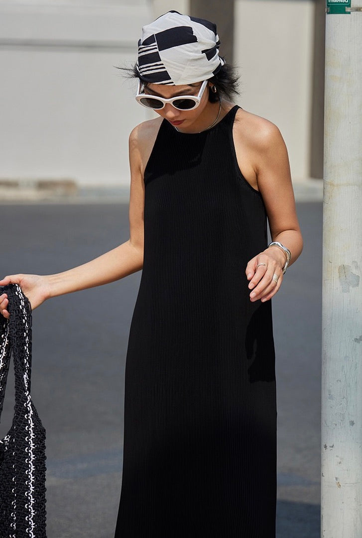 Pleated Maxi Tank Dress in Black