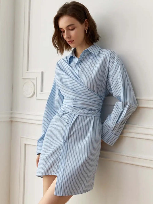 긴 소매 스트라이프 랩 셔츠 드레스 (블루 색상) 
