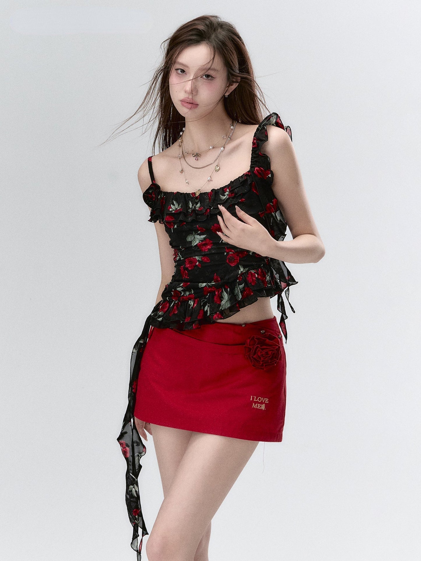 "I LOVE ME" Embroidered Rose Belt A-Line Mini Skirt