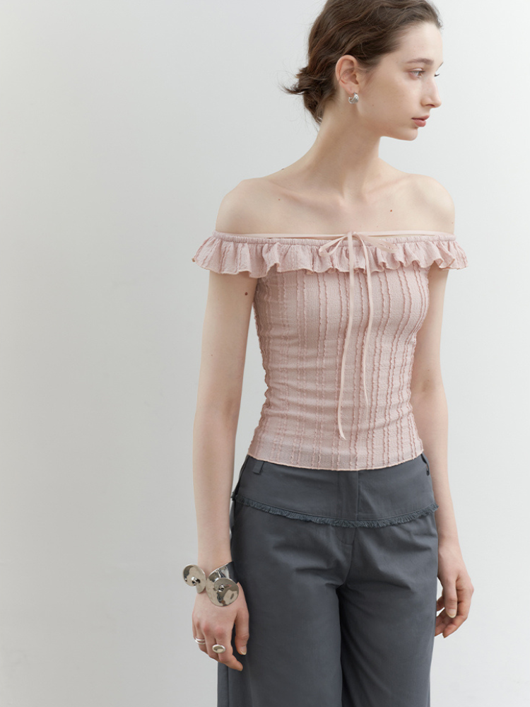 Pink Jacquard Lace Off-Shoulder Tie Top