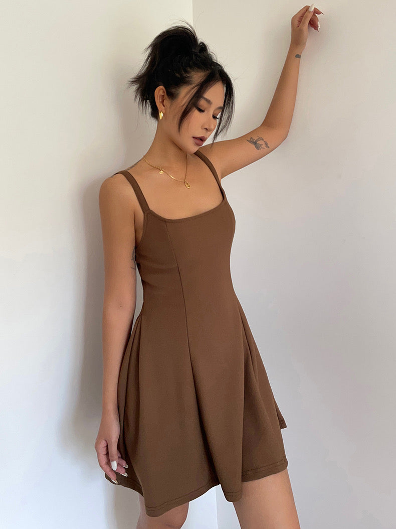 Tie Back Skater Dress in Brown