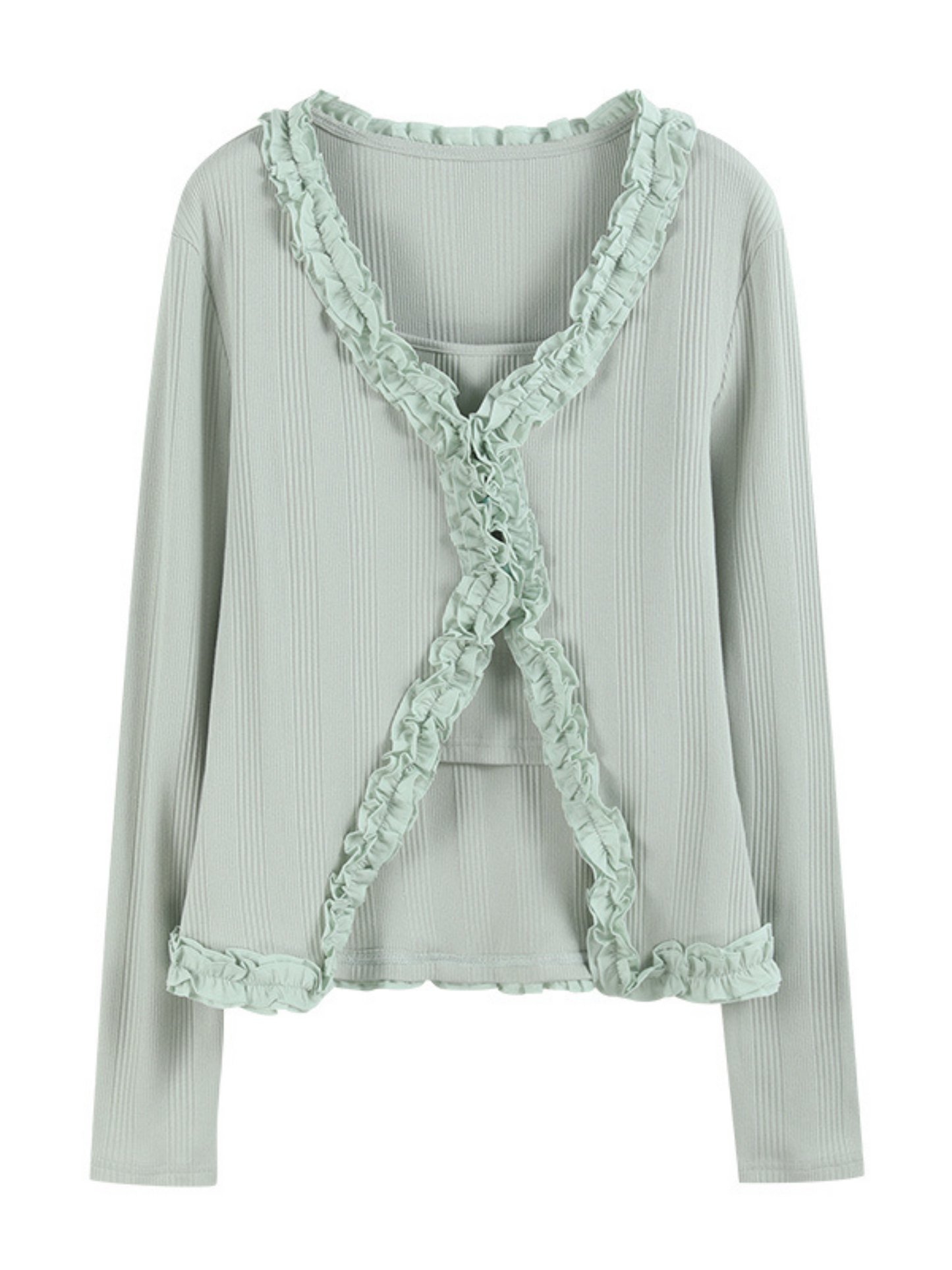 3D Ruffled V-Neck Cardigan and Sleeveless Top Set