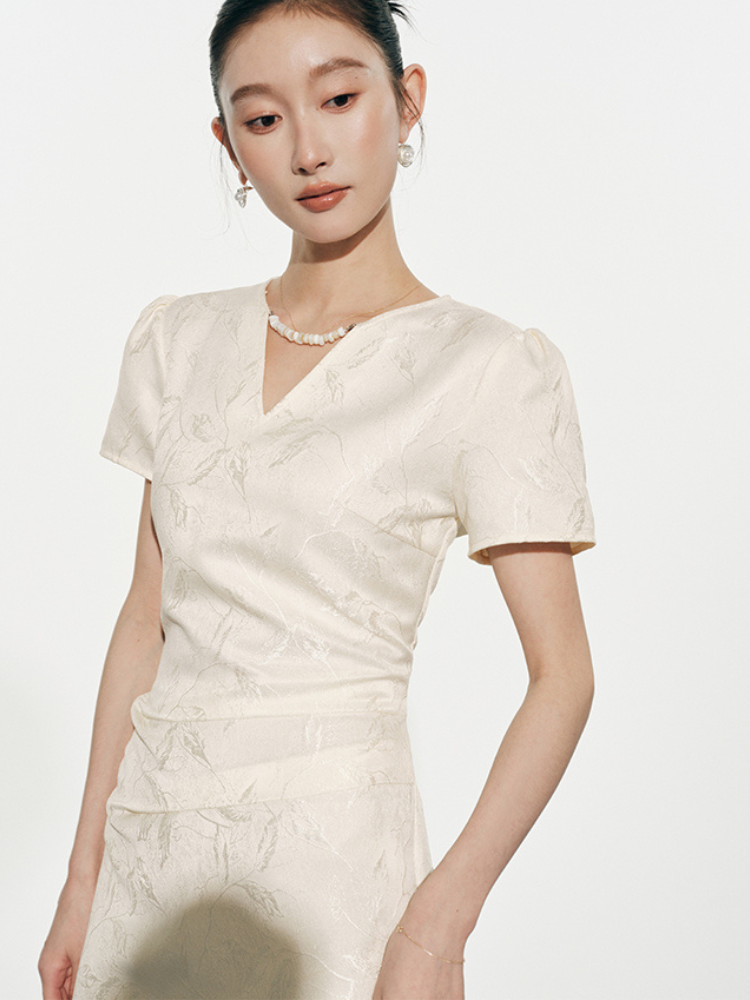 Jacquard Puff Sleeve Dress with Shell Beading