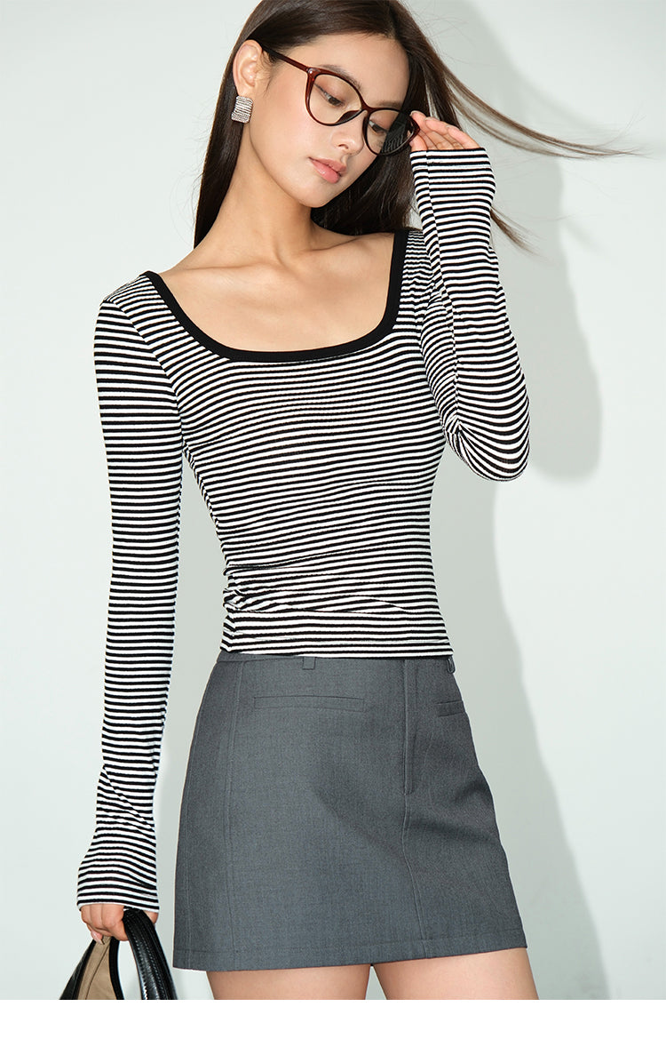 Neva Square Neck Striped Long Sleeve T-Shirt