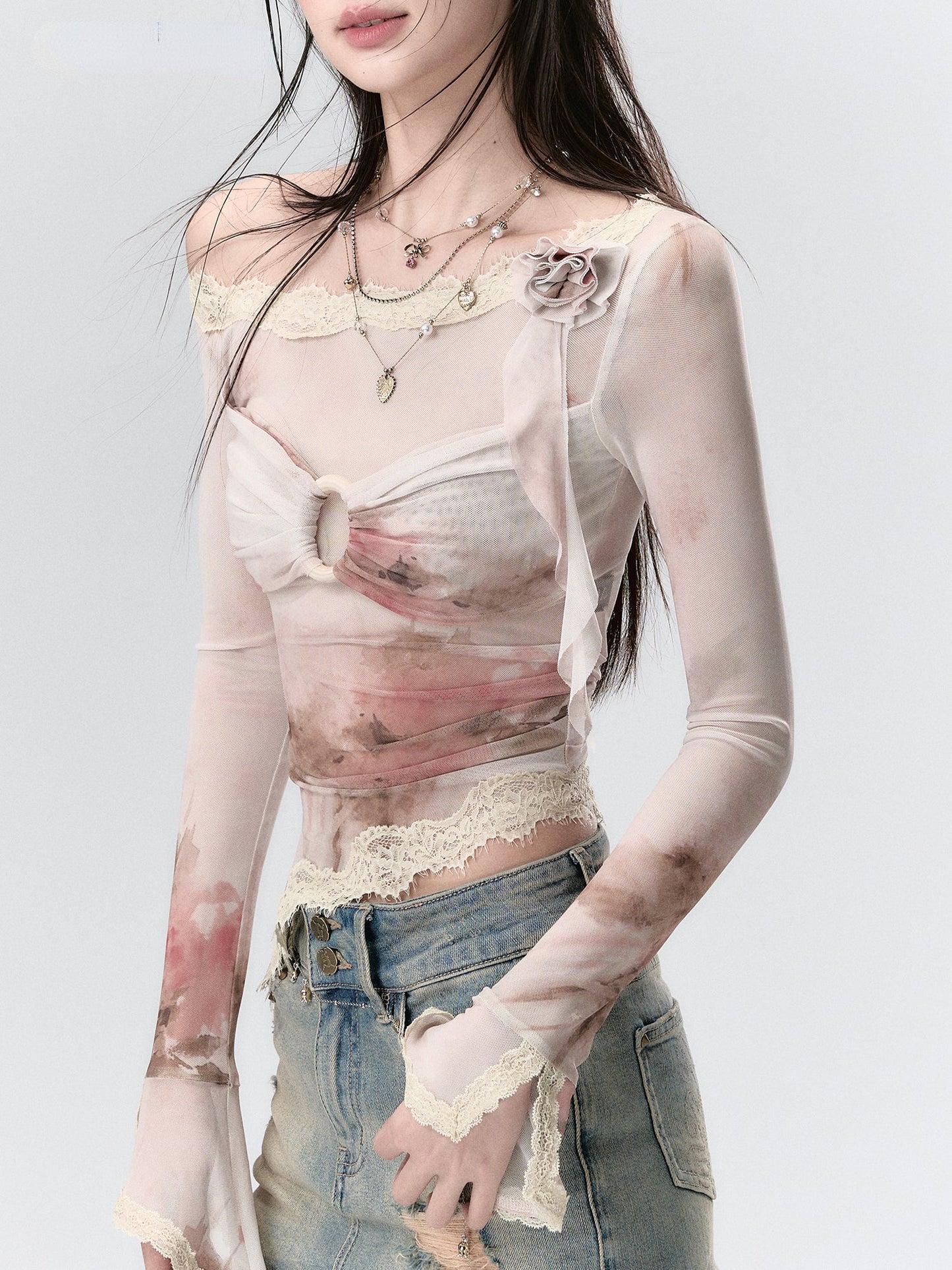 Lace Paneling Mesh Off-the-Shoulder Blouse