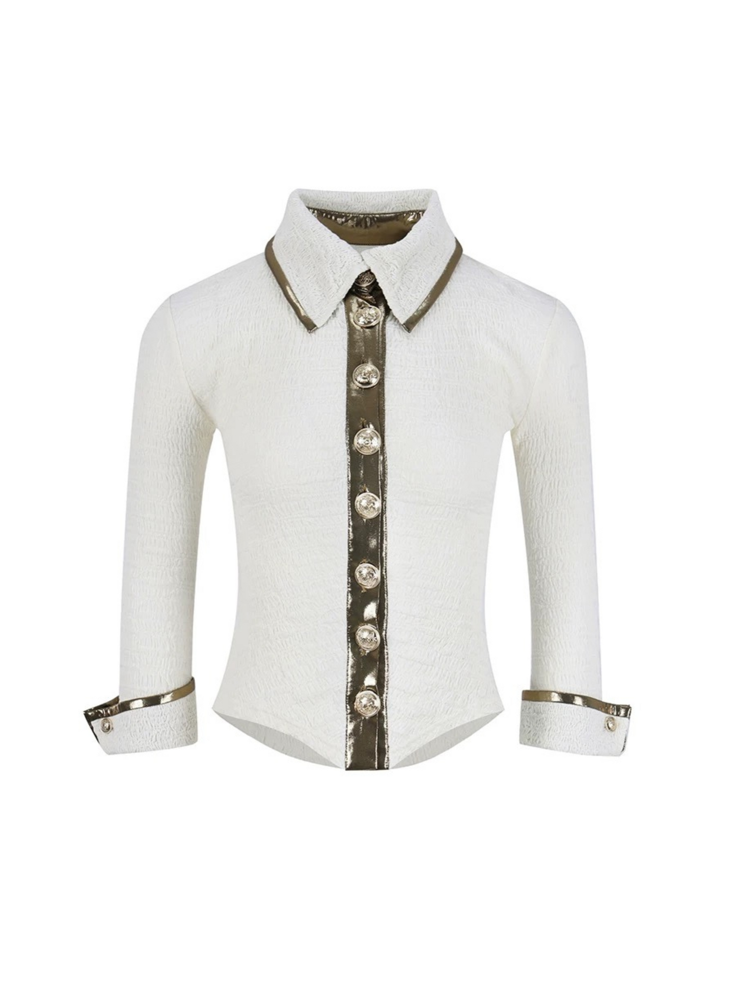 Elegant Ruched Collared Long-Sleeve Slim-Fit Stretch Shirt