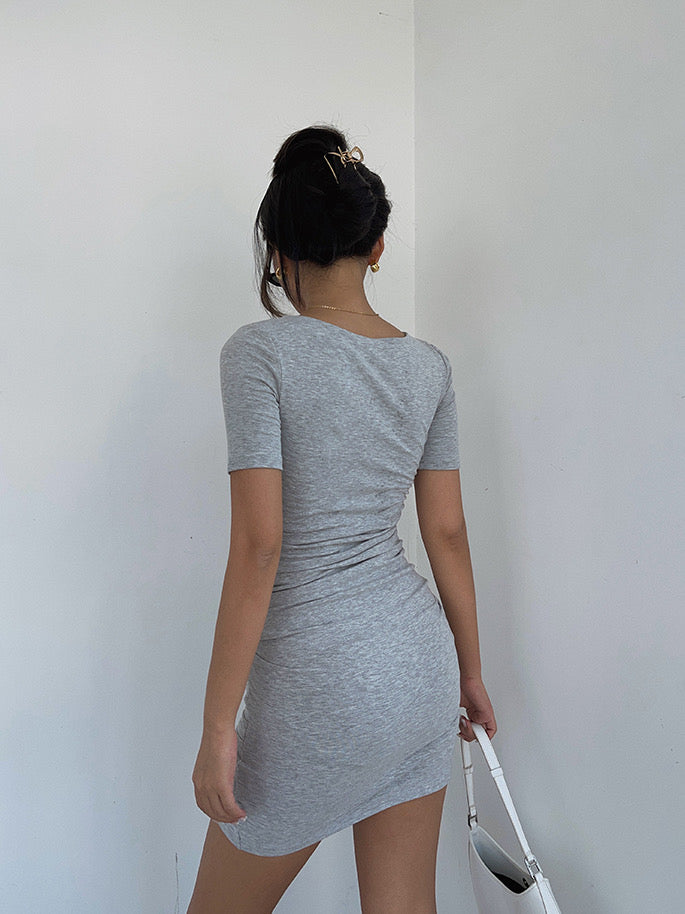 Shirring Wrap Hem Bodycon Dress in Grey