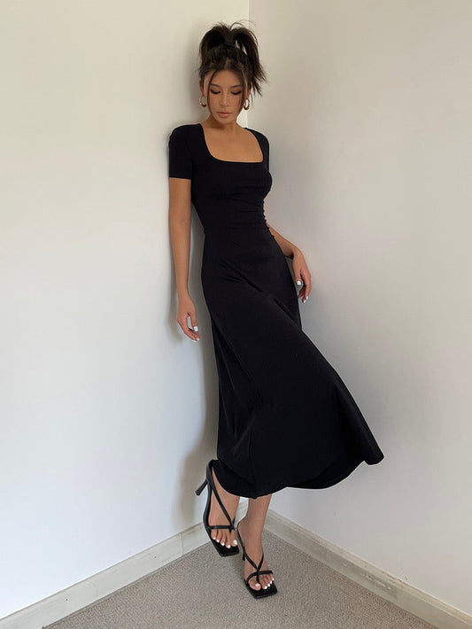 Short Sleeve Flare Maxi Dress in Black